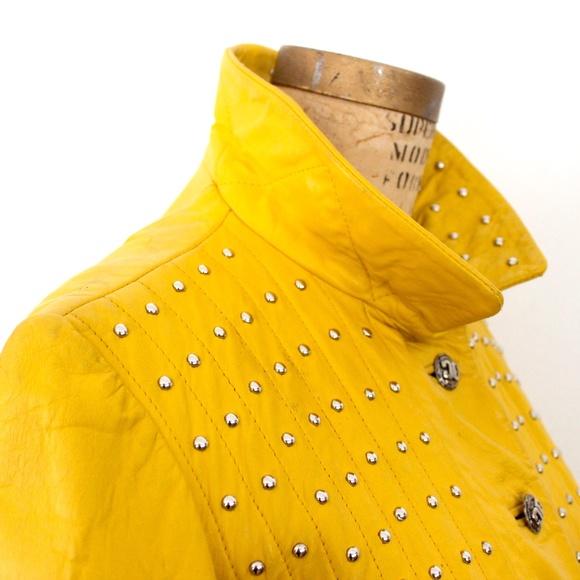 1960s vintage  manteau cuir jaune clouté yellow leather studded  jacket coat - Picture 10 of 16